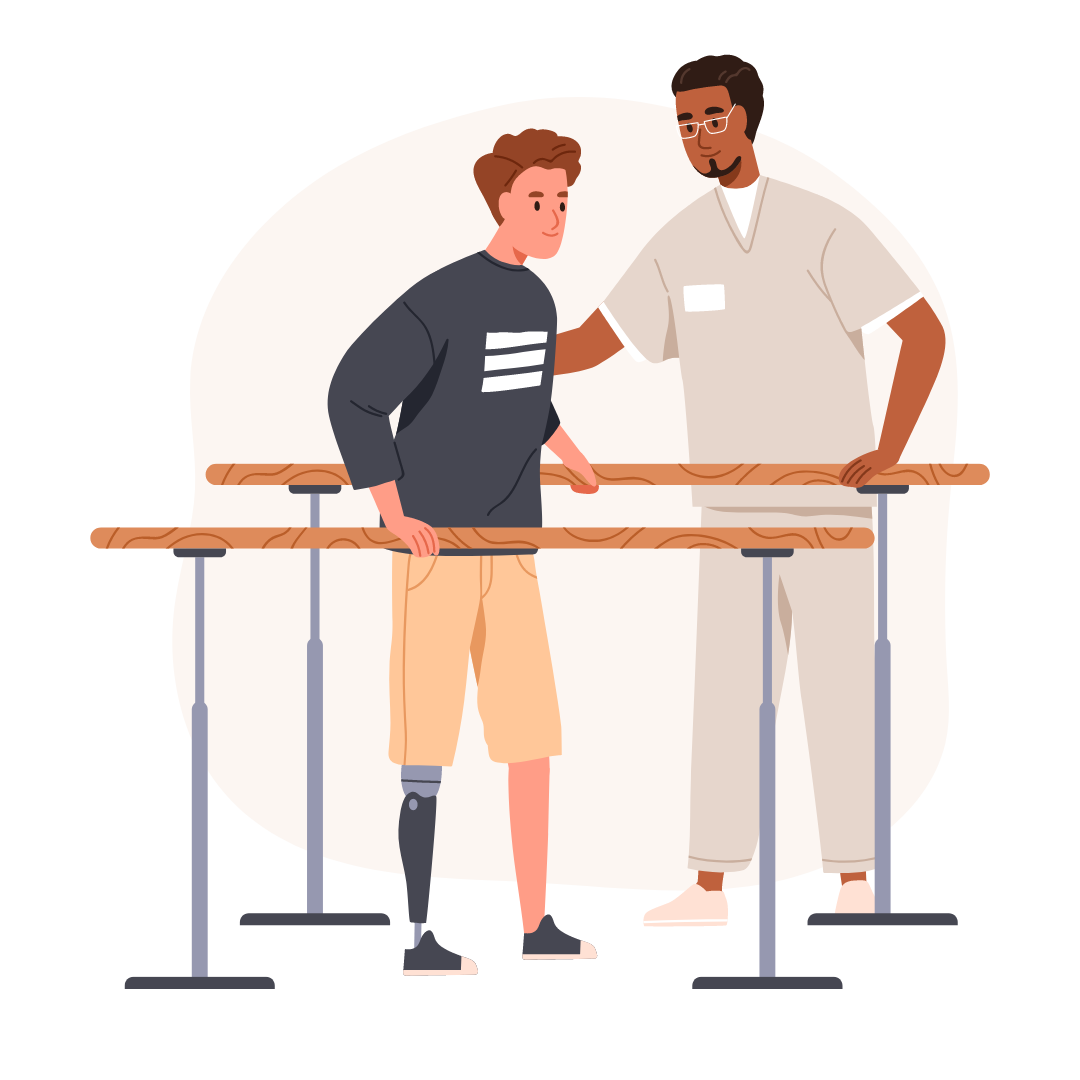 Physiotherapeut betreut Mann beim Gehen mit einer Prothese während der Physiotherapie