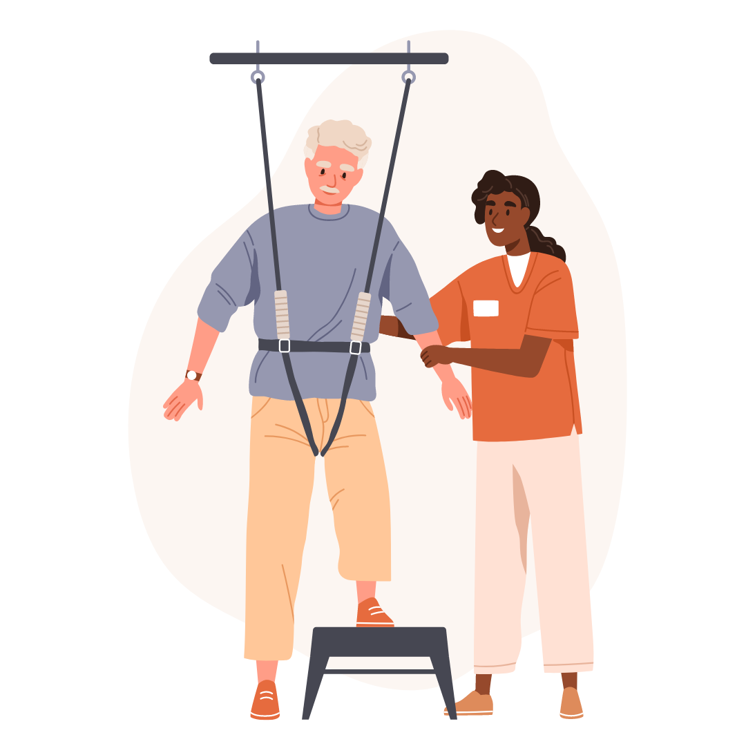 Physiotherapeutin betreut älteren Mann beim Gehen mit Sicherungsgurt und Trittstufe während der Physiotherapie