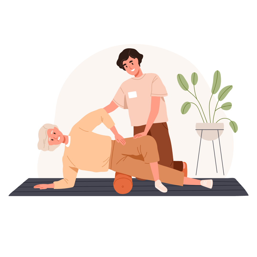 Physiotherapeut unterstützt ältere Patientin bei Übungen mit einer Rolle